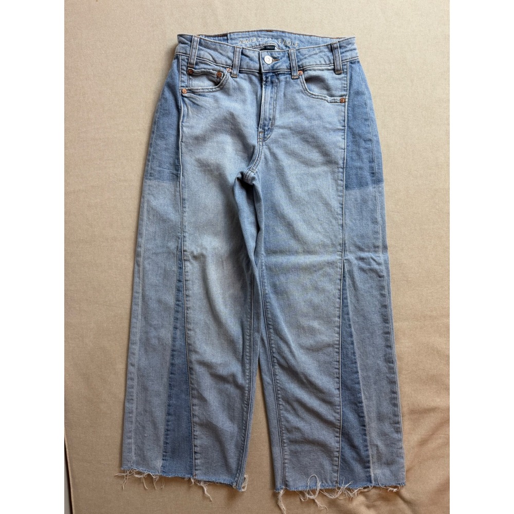 American Eagle High Rise Baggy Wide Leg Two Tone Patchwork Jeans Size 2 Short